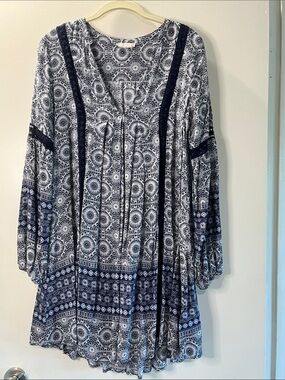 Boho Navy and White Printed Peasant Tunic Dress, Altered State S